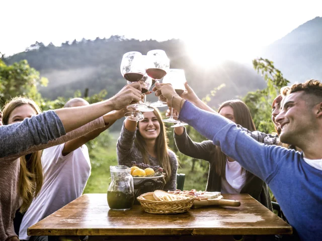 Group of friends at restaurant outdoors - People having dinner in a home garden